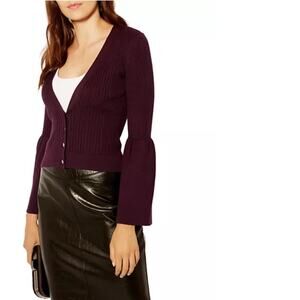 Karen Millen Bell Sleeve Ribbed Cardigan Aubergine Modern Quiet Luxury Small